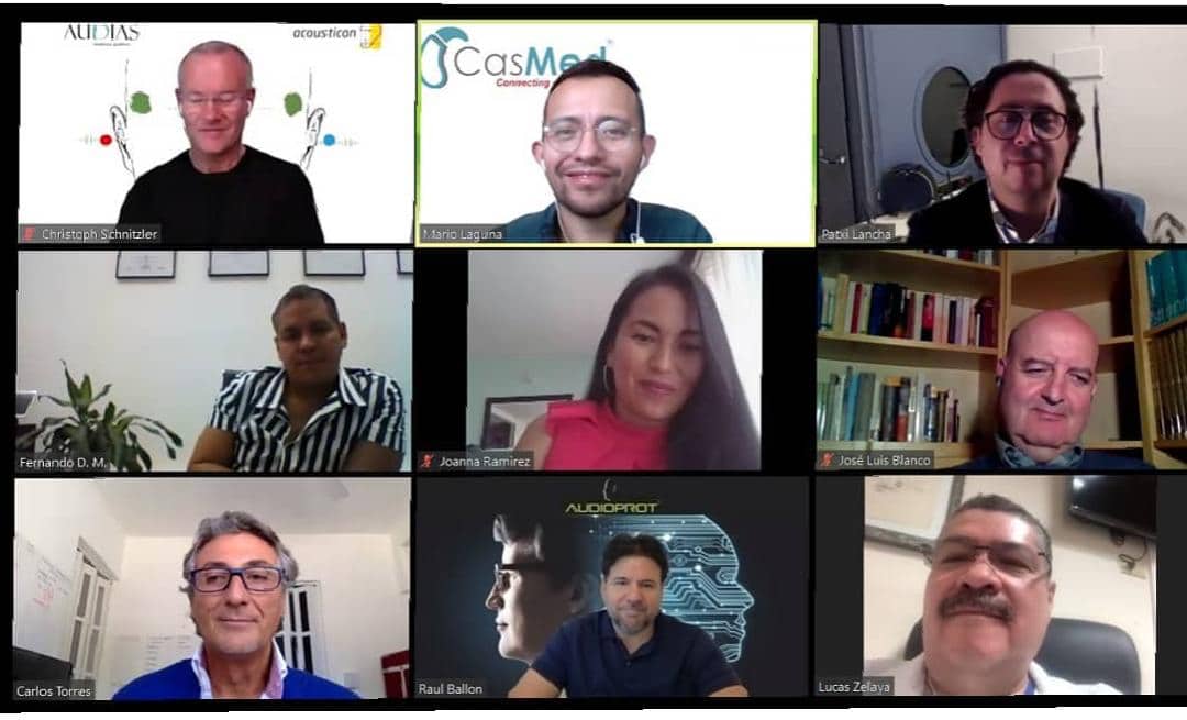Los ponentes del I Fórum Internacional de Audiología, conectados por videoconferencia.